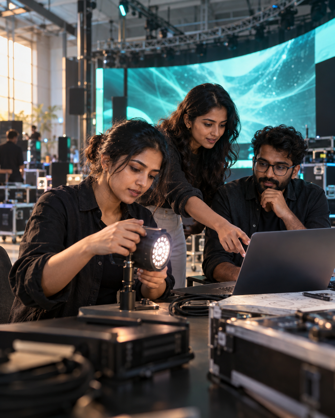 Creative technologists collaborating on a light installation prototype