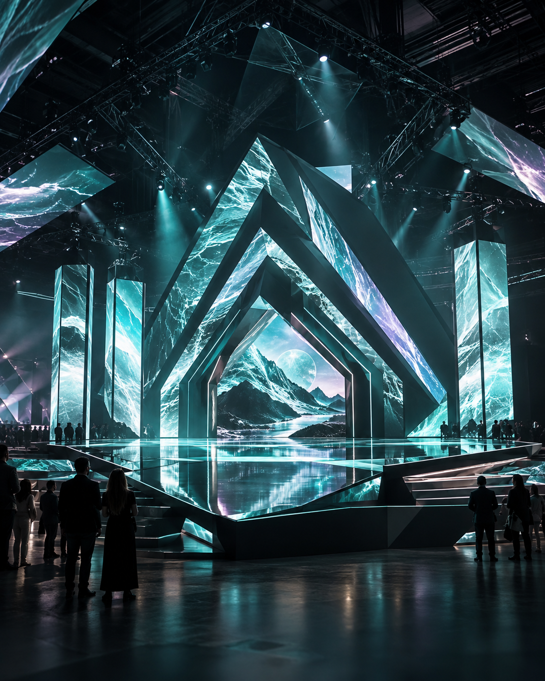 A large immersive event stage with LED architecture and projection-mapped surfaces